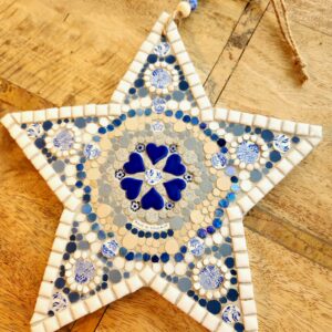 Blue White Star Mosaic Wall Hanging, Ceramic Glass Vintage Bone China Art