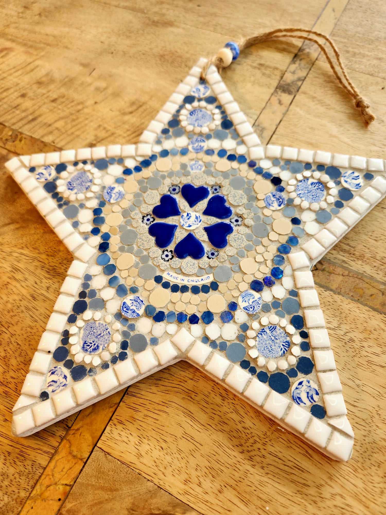 Blue White Star Mosaic Wall Hanging, Ceramic Glass Vintage Bone China Art