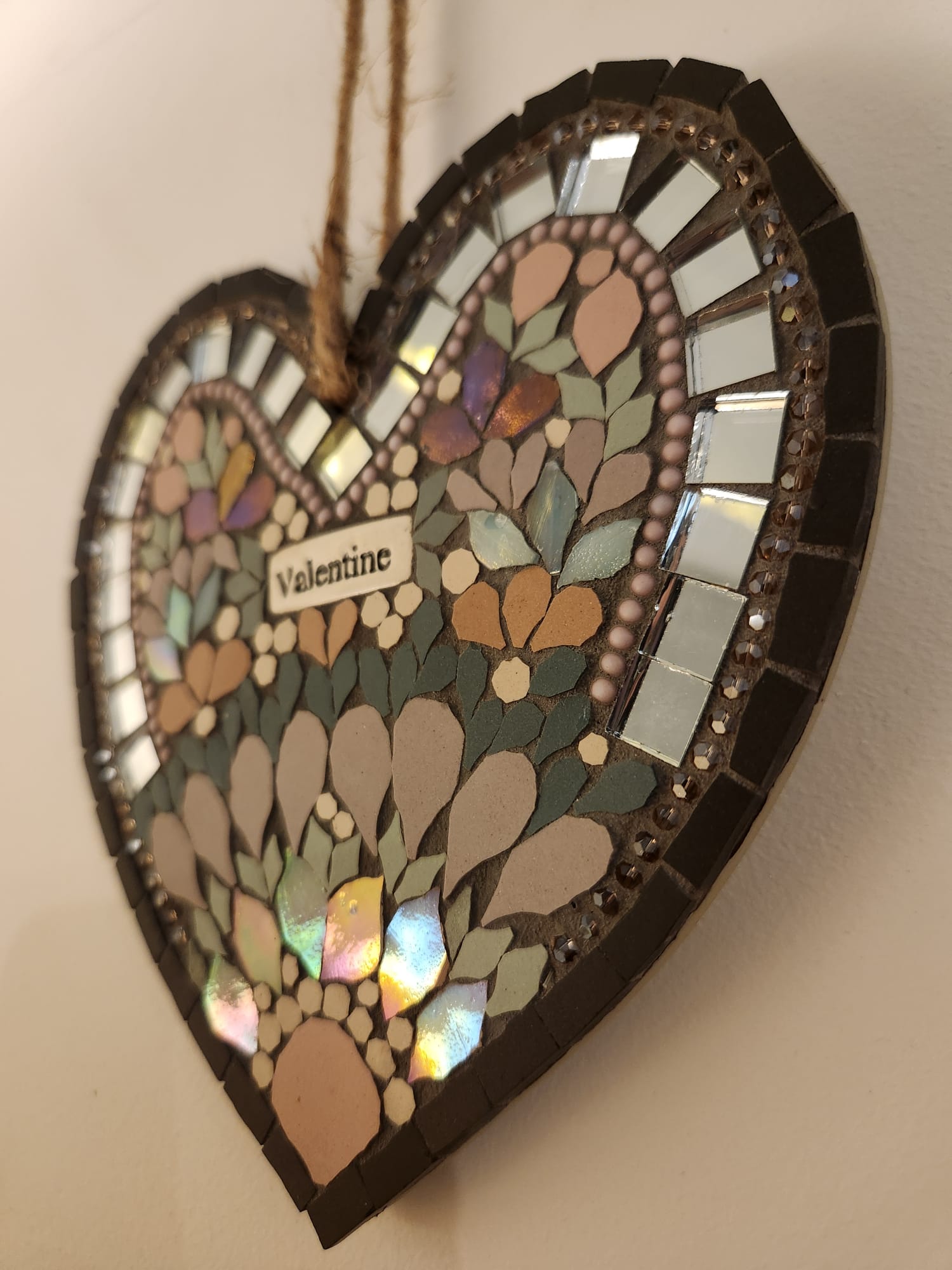 Handmade Mosaic Heart Wall Decor – Iridescent Tile Art, Romantic Gift