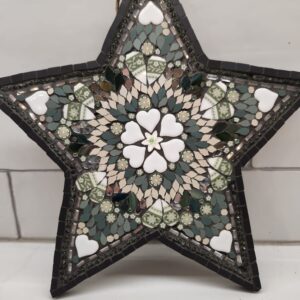 Handmade Star Mosaic Wall Hanging – Ceramic, Glass, Vintage China – Dark Grout Home Decor