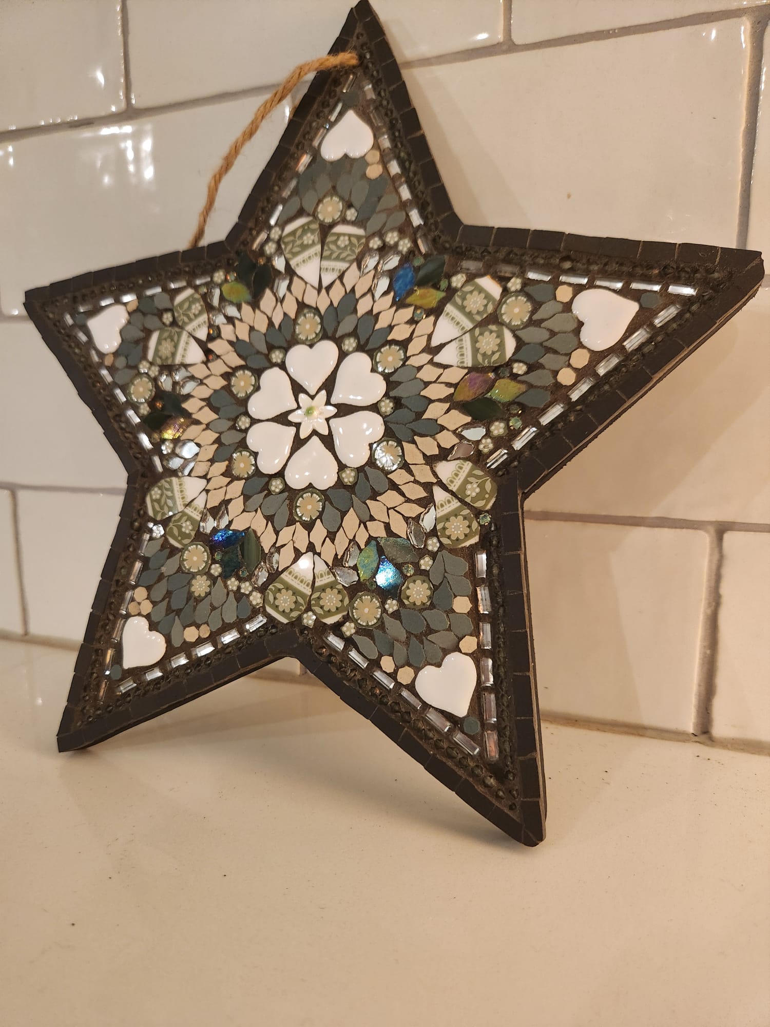Handmade Star Mosaic Wall Hanging – Ceramic, Glass, Vintage China – Dark Grout Home Decor